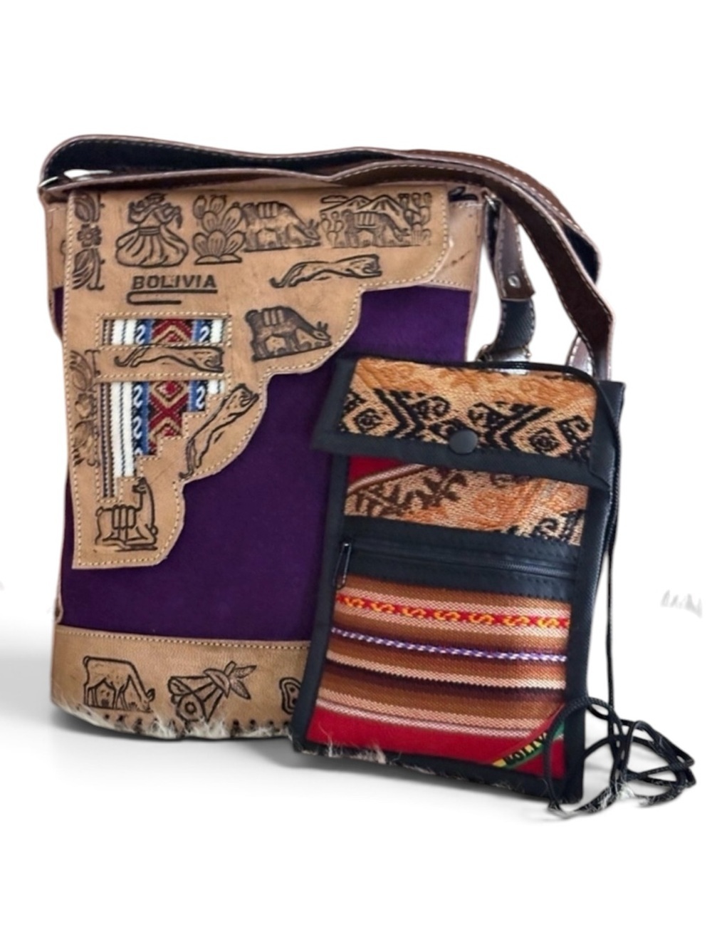 Set/2 Bolivia Bag/Passport Case Purple Suede Tan Leather Textile New